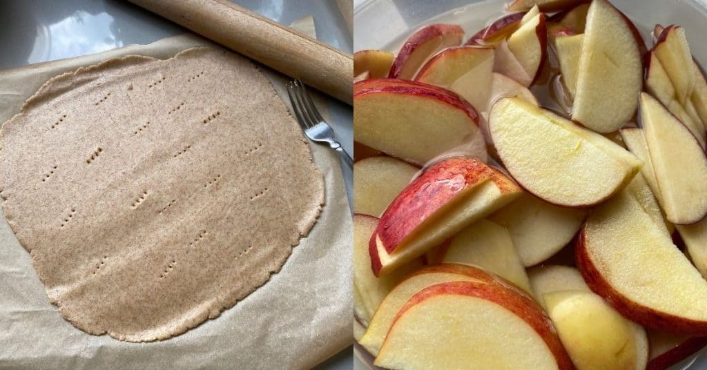 Sheet of pastry and sliced apples.
