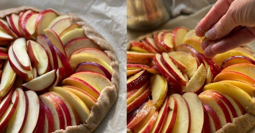 Slices of Apple on a sheet of pastry.