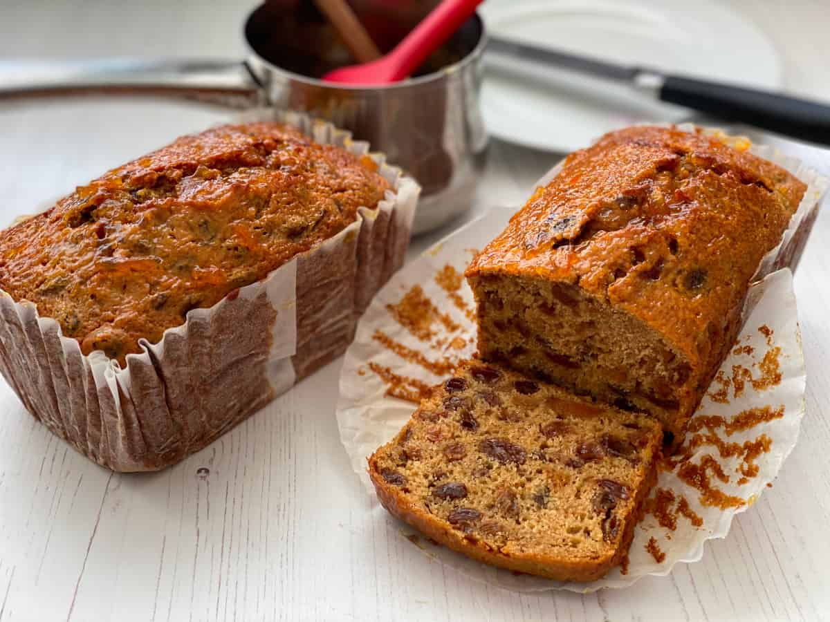 Tea loaves with a slice cut out.