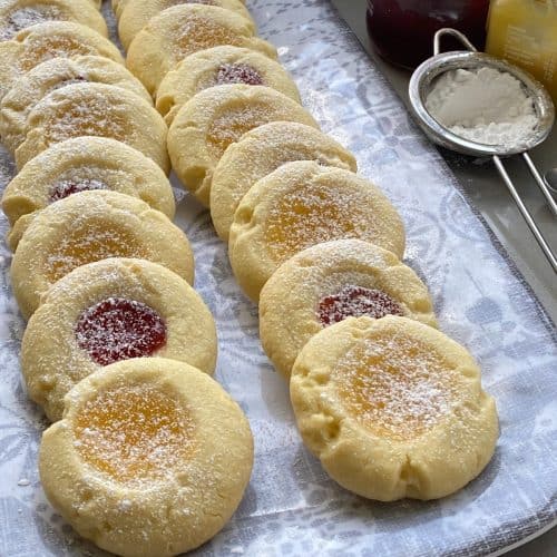 Jam Thumbprint Biscuits on a grey tray