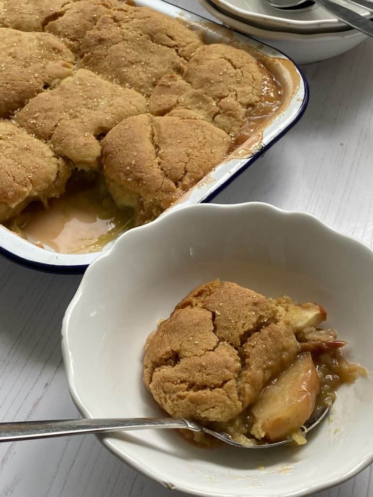 Rhubarb and Apple Cobbler with a portion taken out