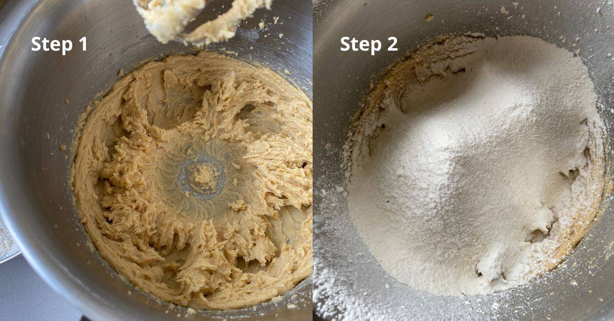 Mixing butter, sugar and flour together in a bowl.