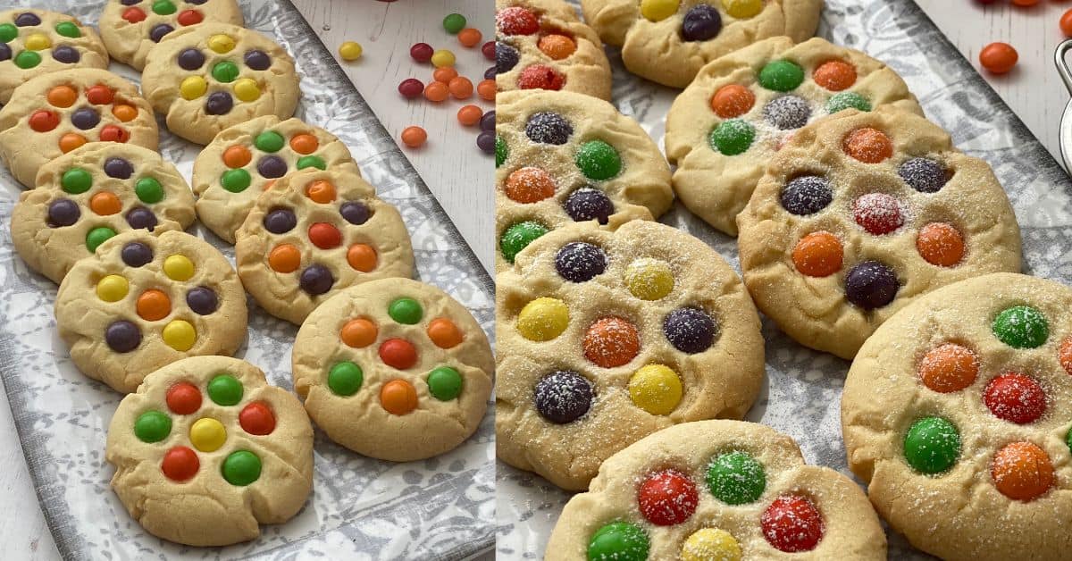 Trays Rainbow Skittles biscuits. Some are dusted with icing sugar.