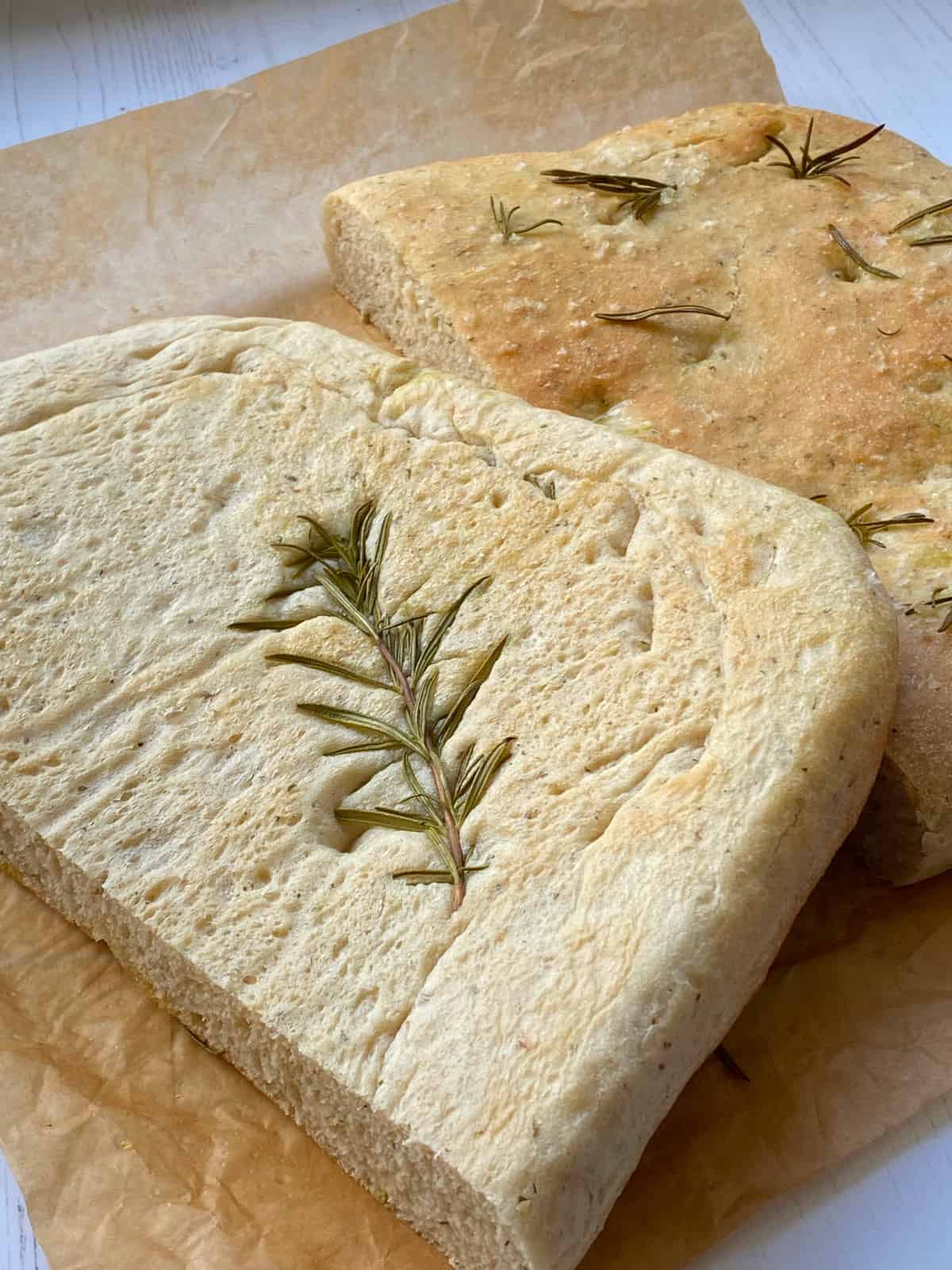 Focaccia sliced showing the two halves.