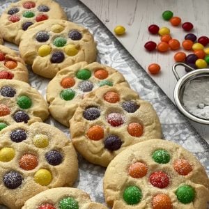 Tray of Rainbow skittles biscuits.
