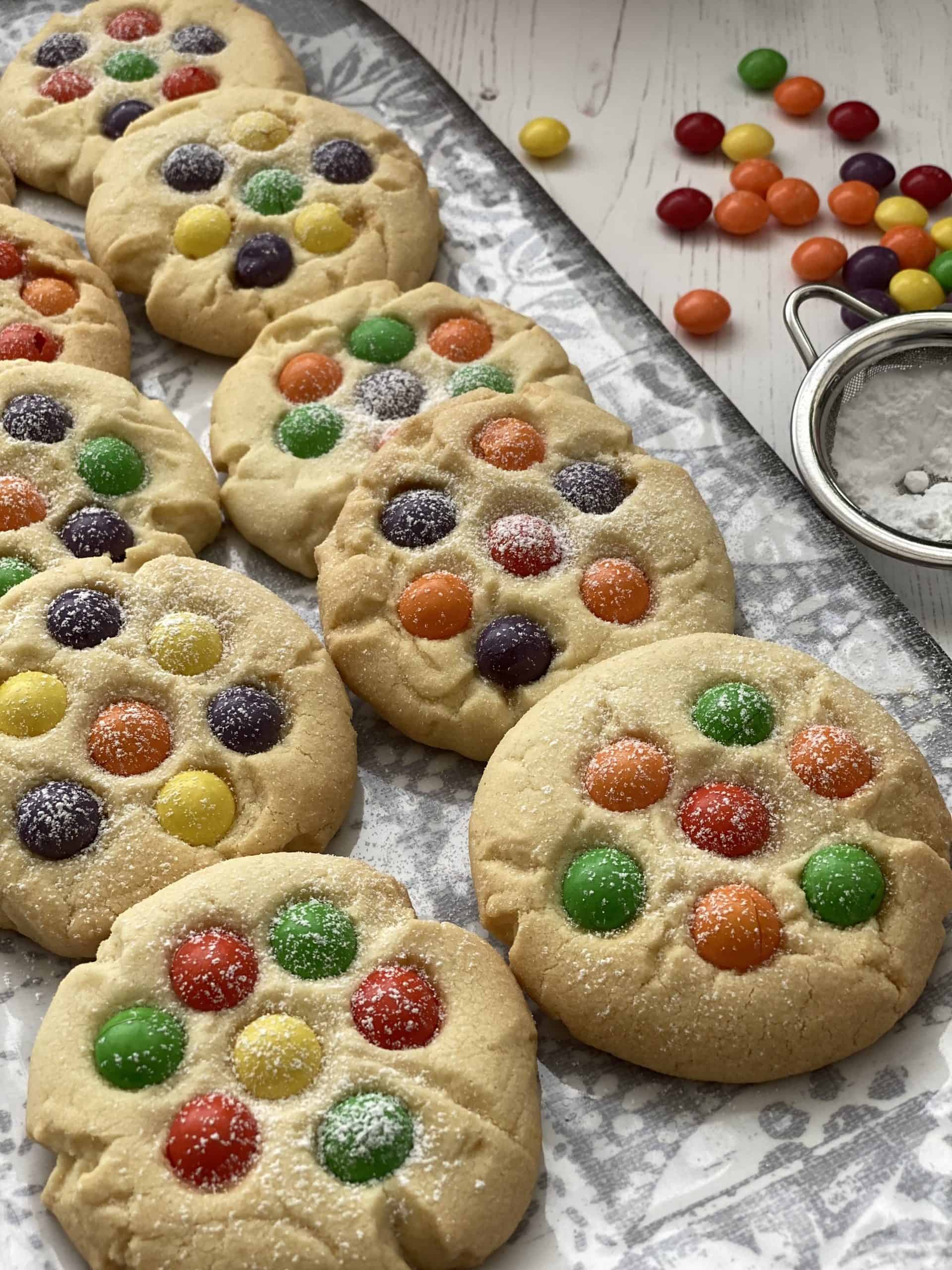 Tray of Rainbow Skittles Cookies.
