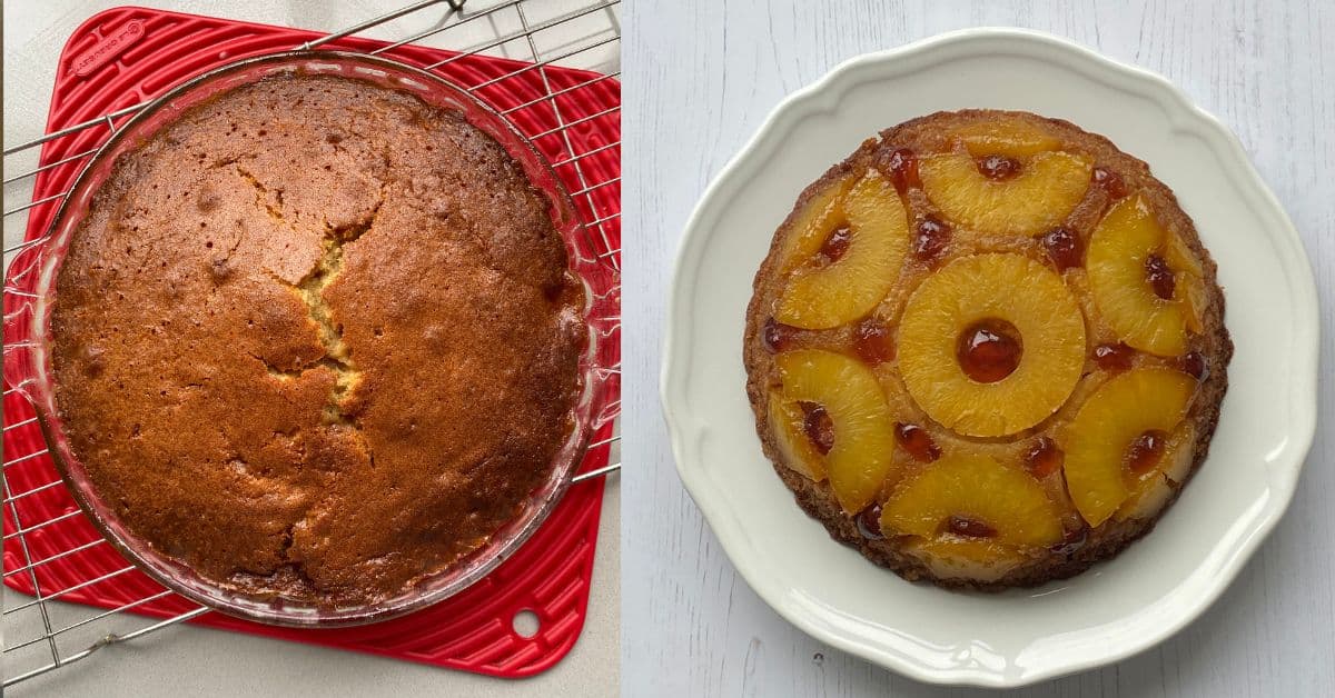 Bake the Pineapple Upsidedown cake for 40 - 45 mins or until baked. 