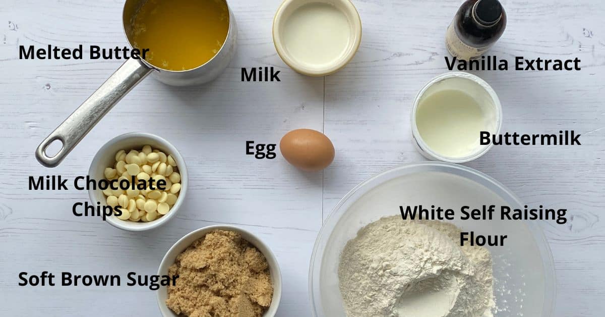 Overhead shot of ingredients for White Chocolate Chip Muffins.
