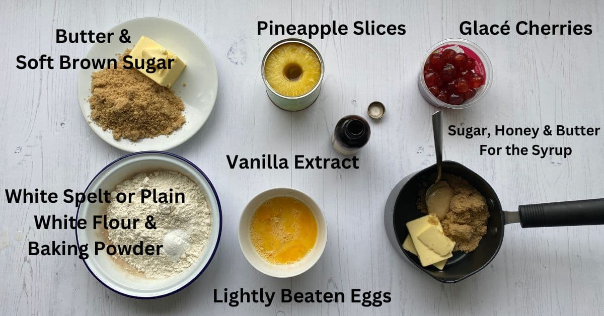 Ingredients, in bowls, for a Pineapple Upside Down Cake.