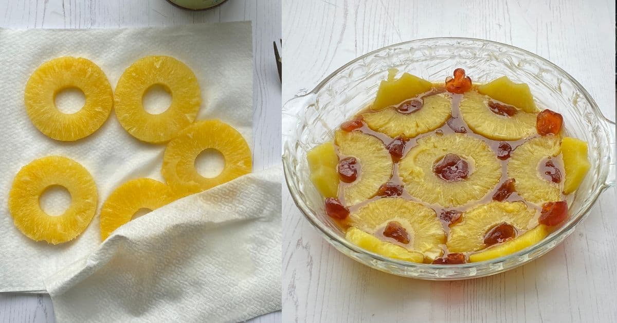 Pat the Pineapple rings dry and place these in the bottom of the ovenproof dish. 