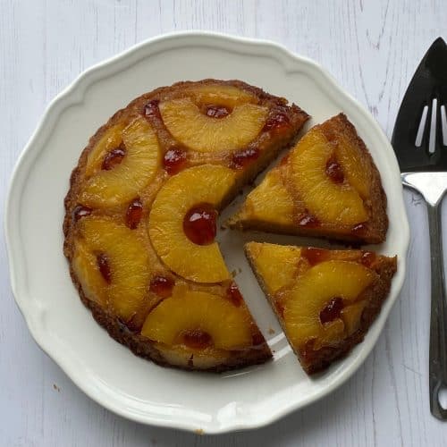 Pineapple Upsidedown Cake on a white plate.