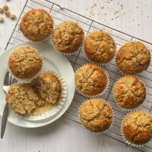 Apple, Hazelnut and Oat Muffins in a cooling rack.