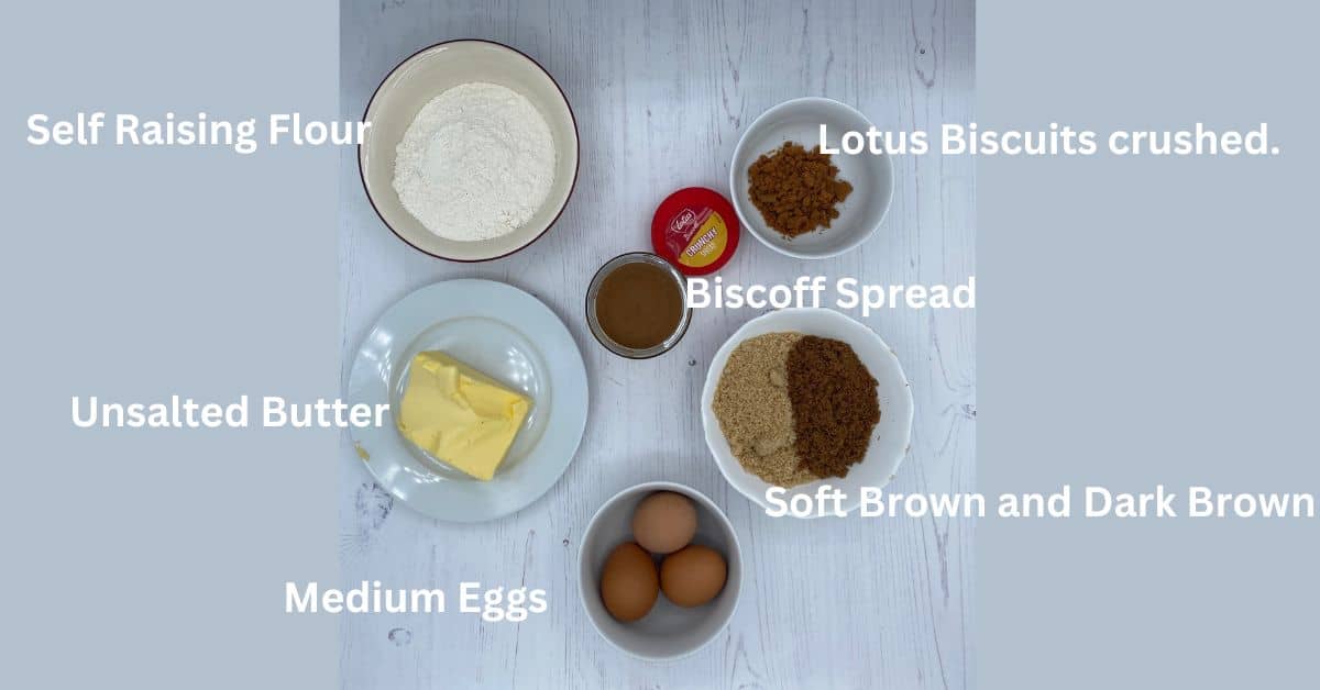 Biscoff cupcake ingredients in individual bowls. 