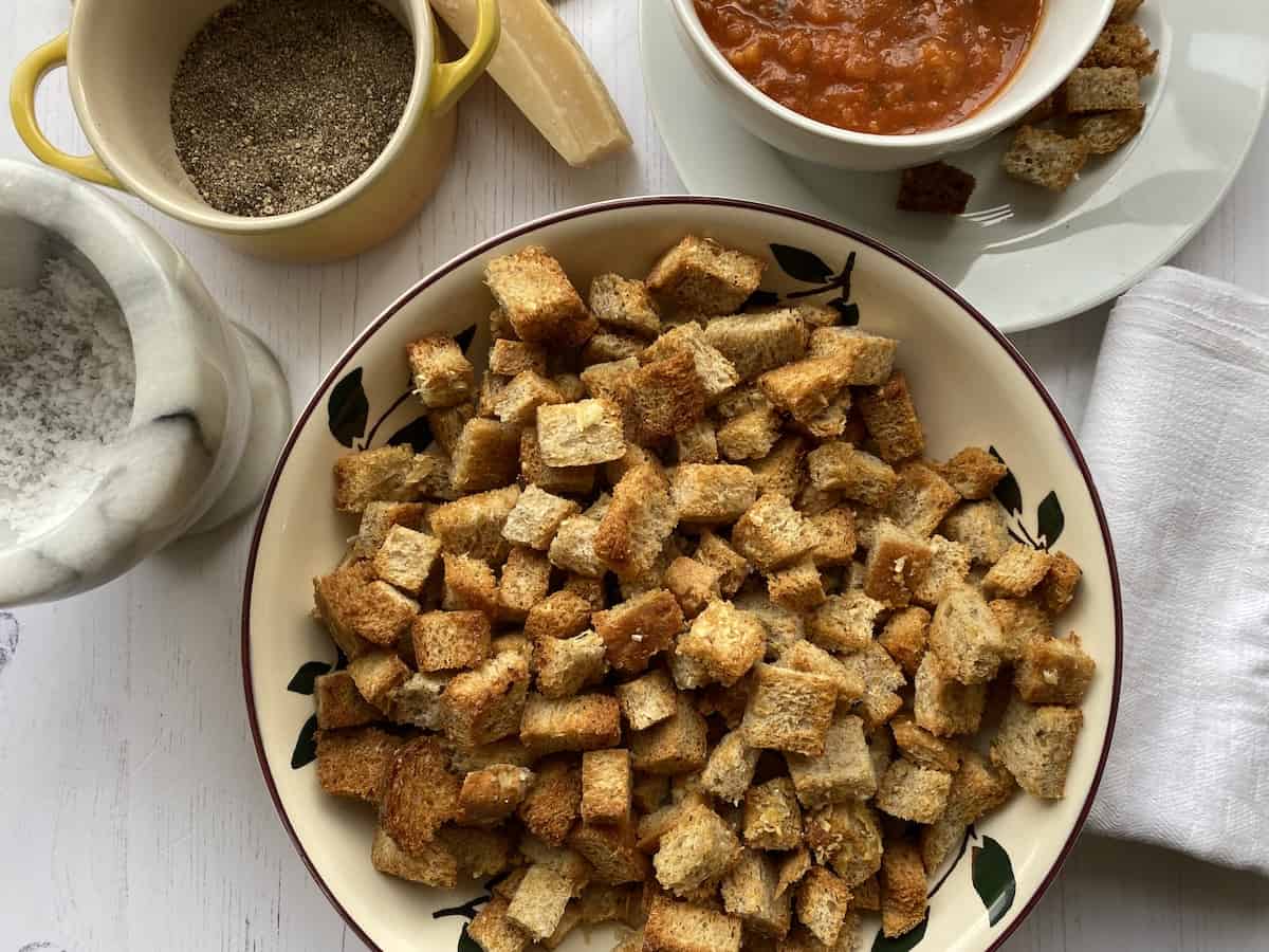 Bowl of Homemade Baked Croutons.