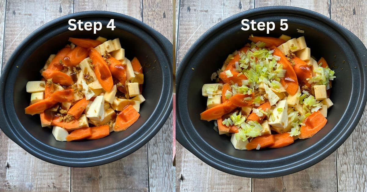 Layering the vegetables in the slow cooker. 