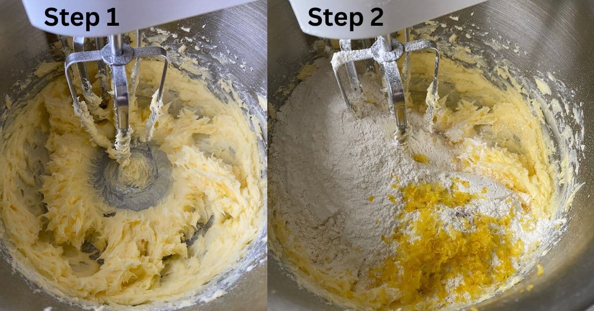 Mixing cookie dough in an electric mixer.