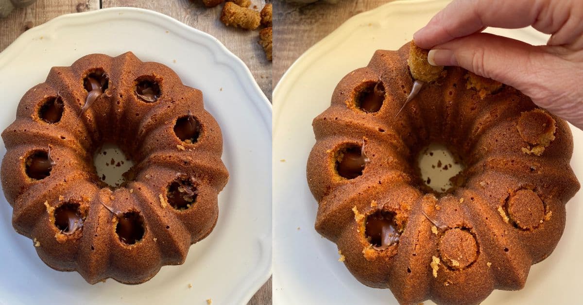 Filling holes in a bundt cake with chocolate spread.