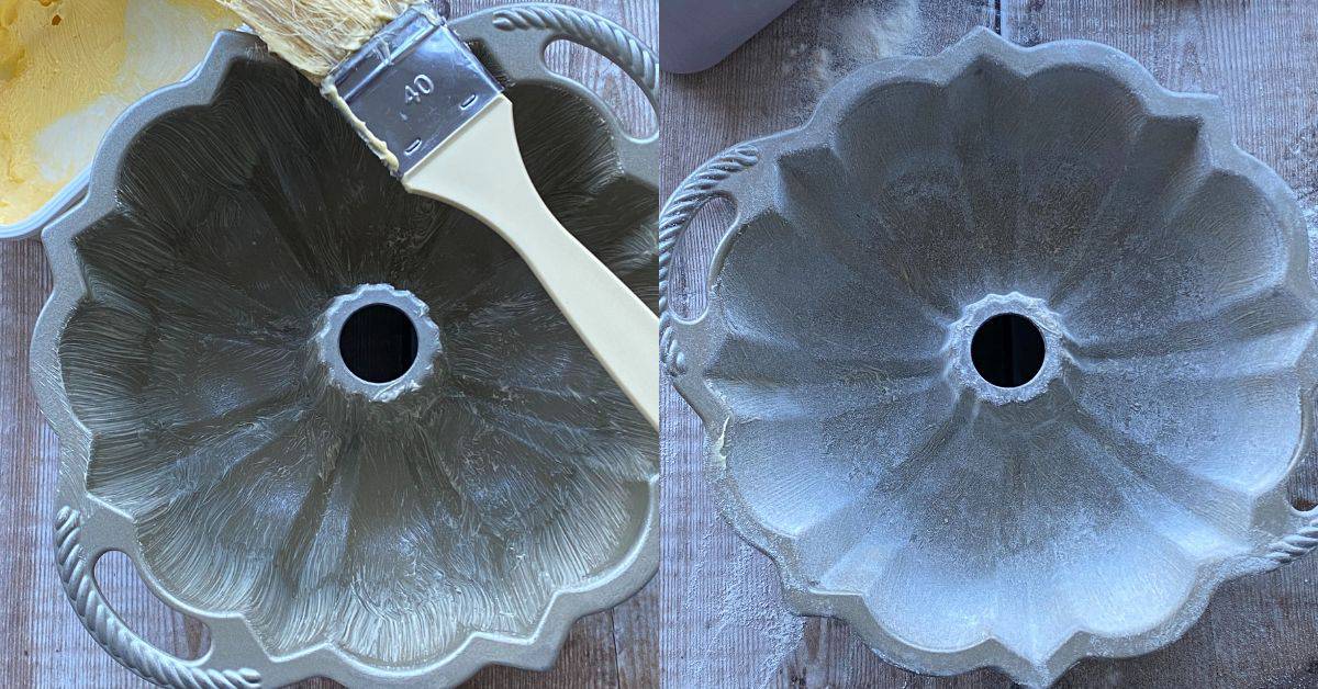Lining a Bundt Pan with butter and flour.