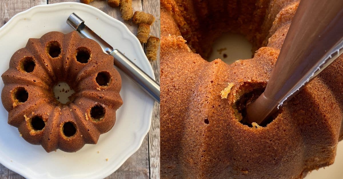 Making holes in a Bundt Cake and filling them with Chocolate spread.