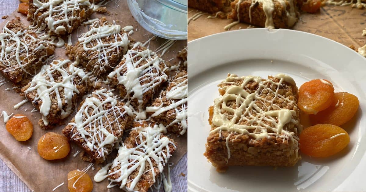 Apricot Flapjacks drizzled with white chocolate.