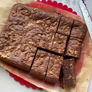 Peanut Butter Espresso Brownies with a slice cut out.