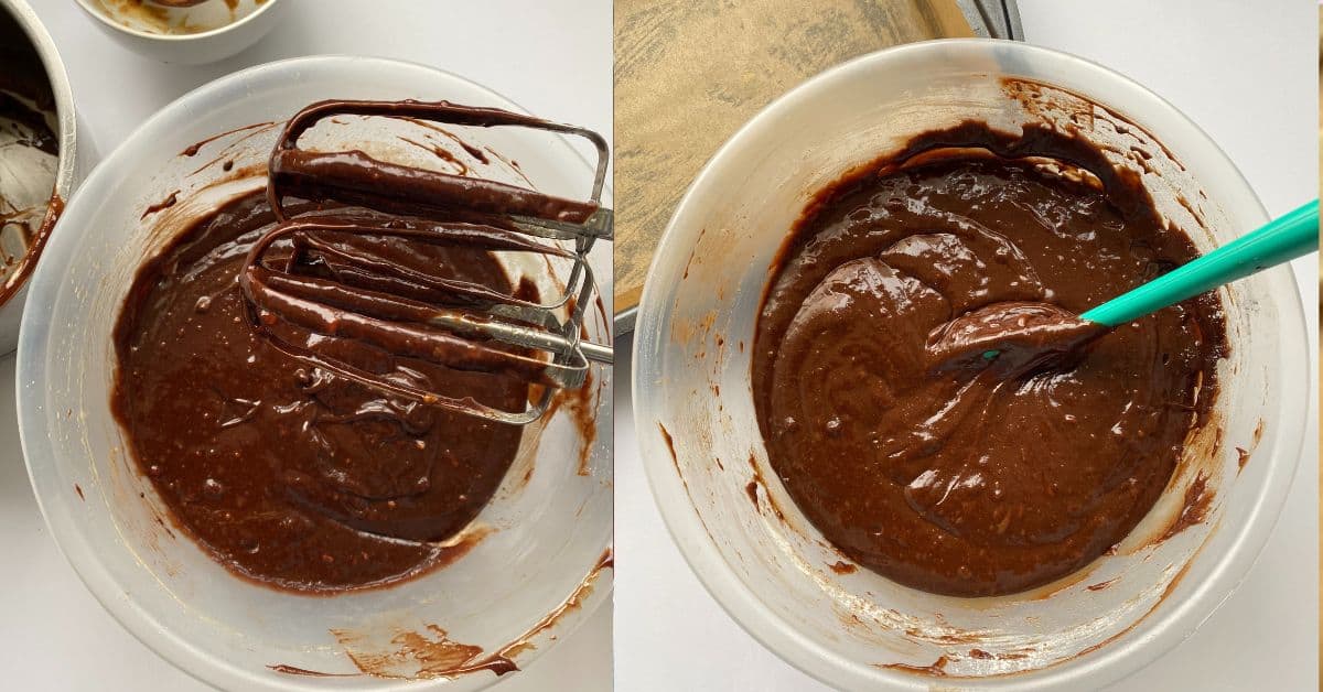 Add the melted butter and chocolate to the dry ingredients.