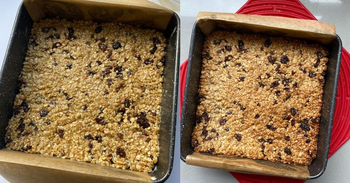 Unbaked and Baked Fruit and Seeded Flapjack in a baking tin. 