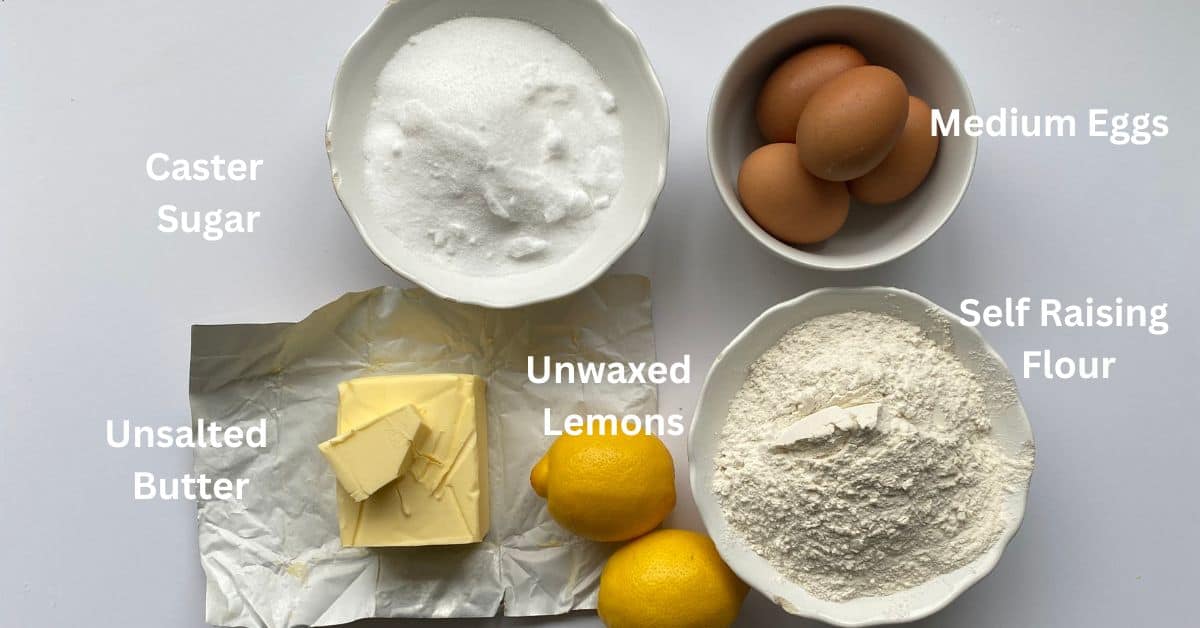 Overhead shot of ingredients for a Lemon Drizzle Traybake.