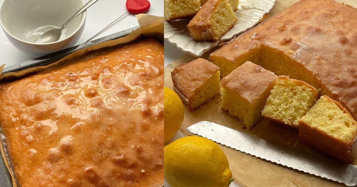 Cover the cake with the Lemon Drizzle. Leave to cool before slicing.