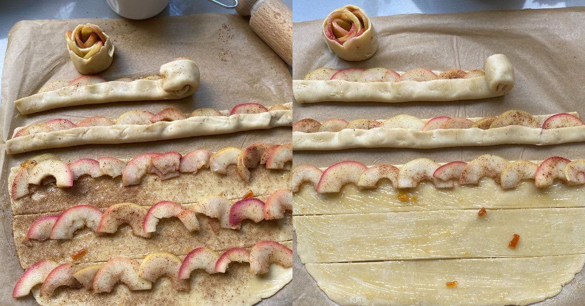Rolled out pastry strips with apple slices.