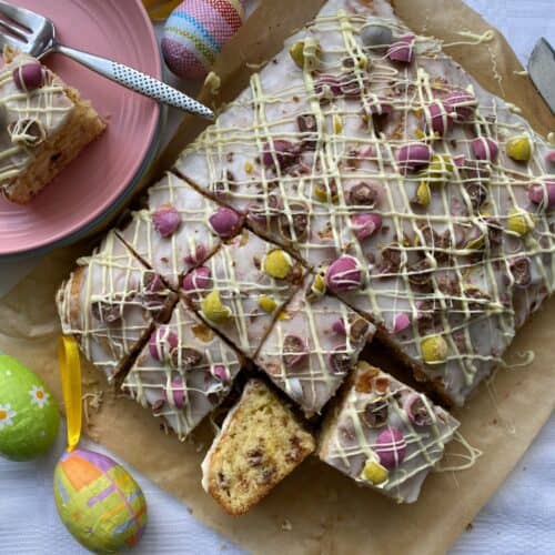 Speckled Eggs traybake with slices cut out.