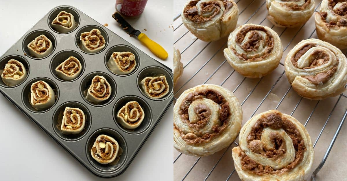 Biscoff Pastry Swirls in a muffin tin.