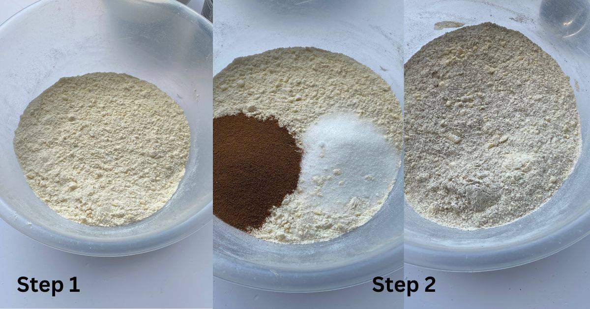 Coffee scone mixture in mixing bowls. 