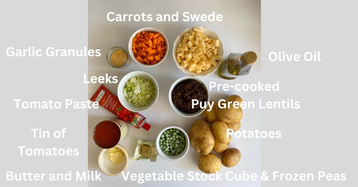 Ingredients for Vegetable and Lentil Cottage Pie.