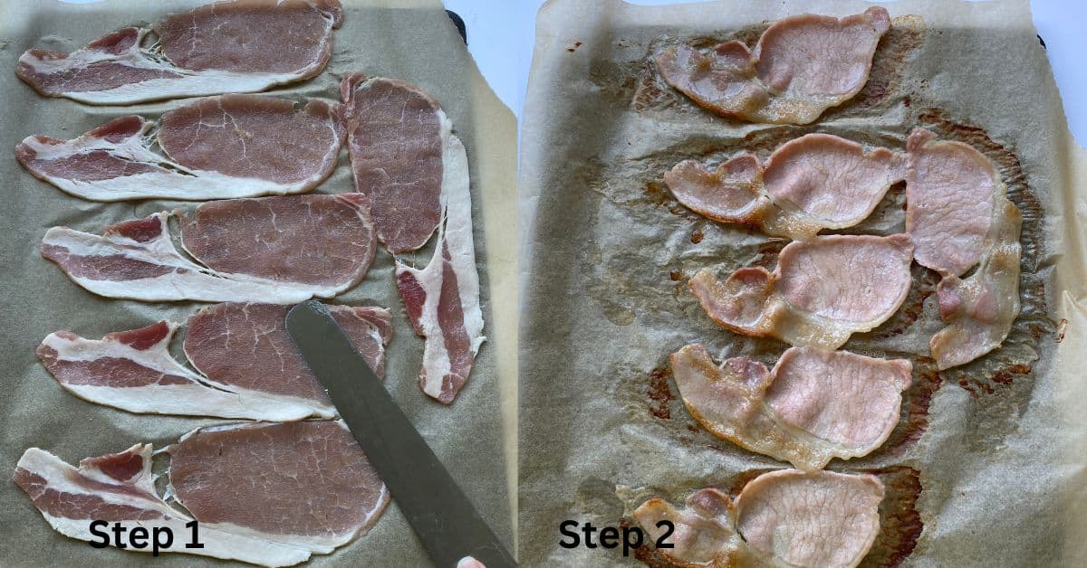 Rashers of Bacon on a baking tray.