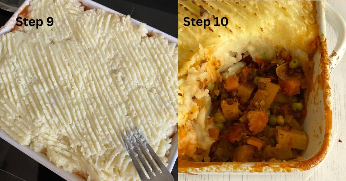 Vegetable and Lentil Cottage Pie with a portion taken out.